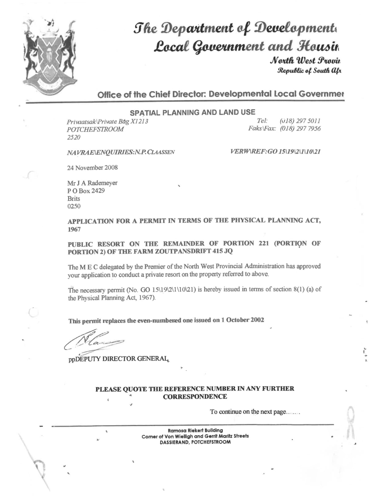 Department of Development NW application resort zoning permit