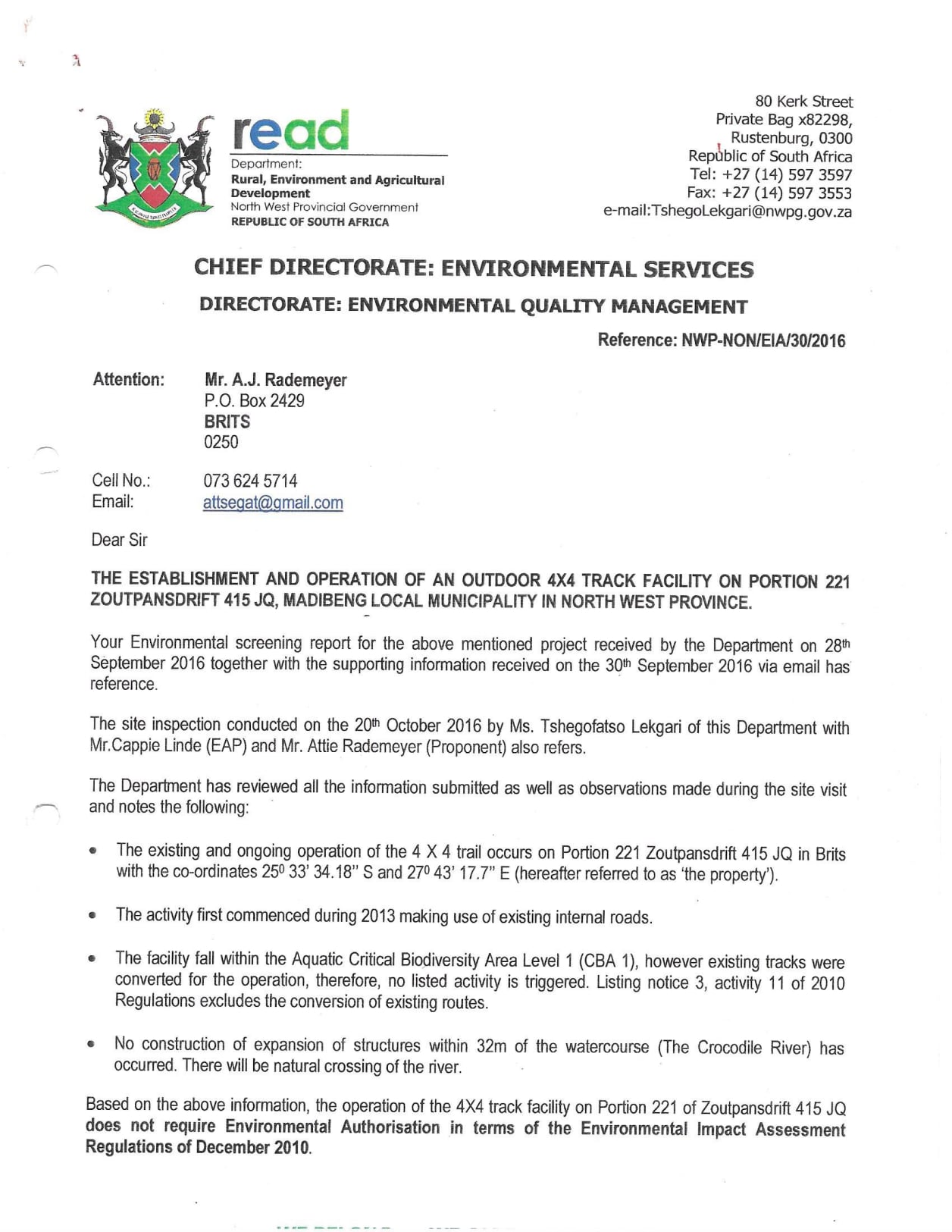 Environmental Authorisation confirmation 4x4 track rezone
