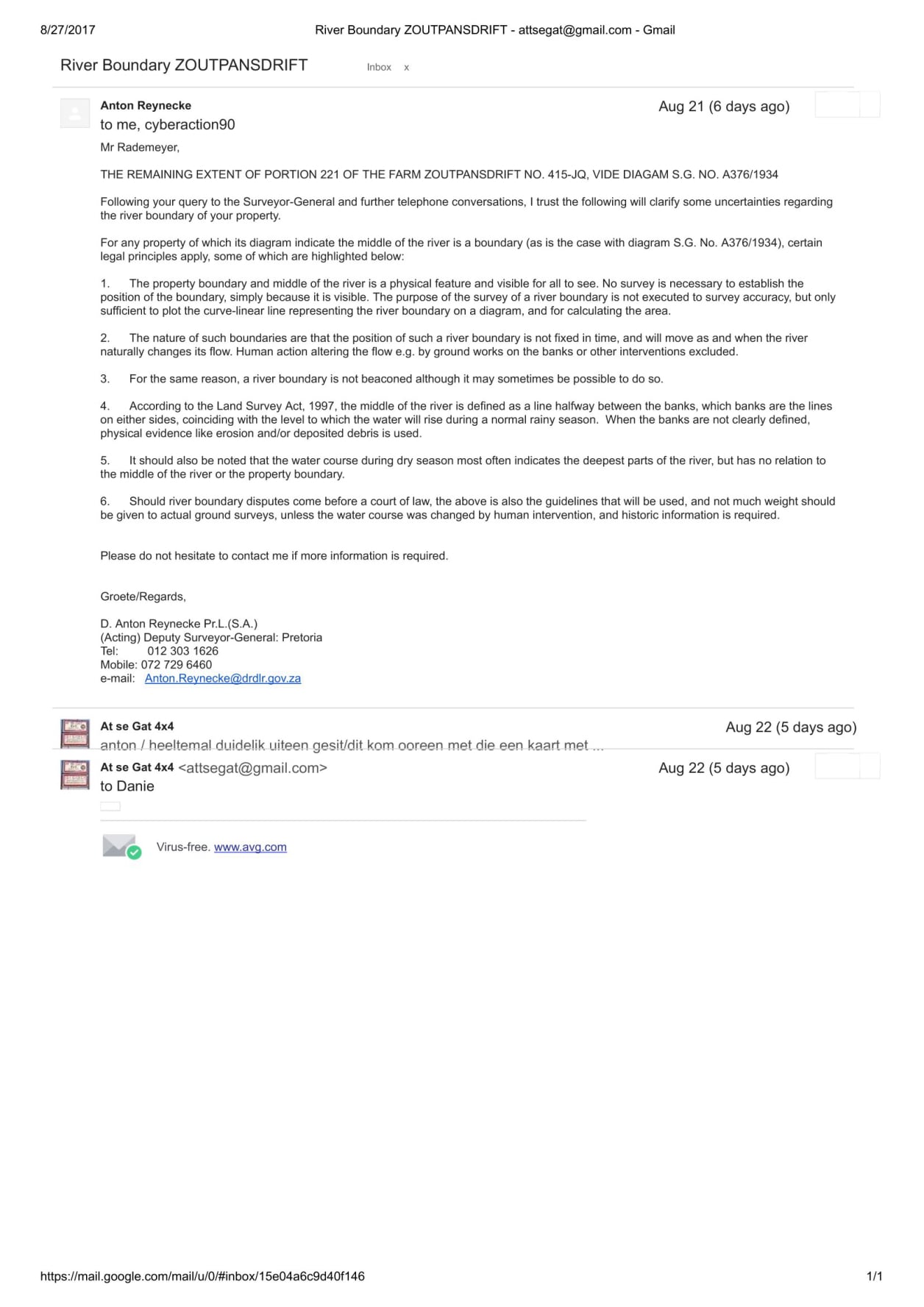Surveyed general letter river boundary